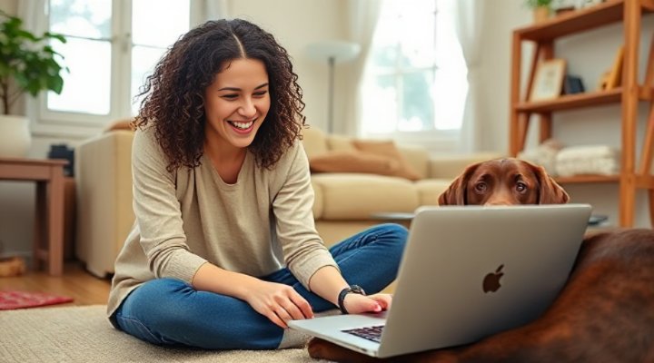 A young woman watching an online dog training course with her Labrador