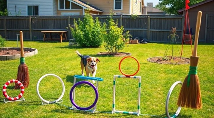 Creative homemade dog agility course in backyard