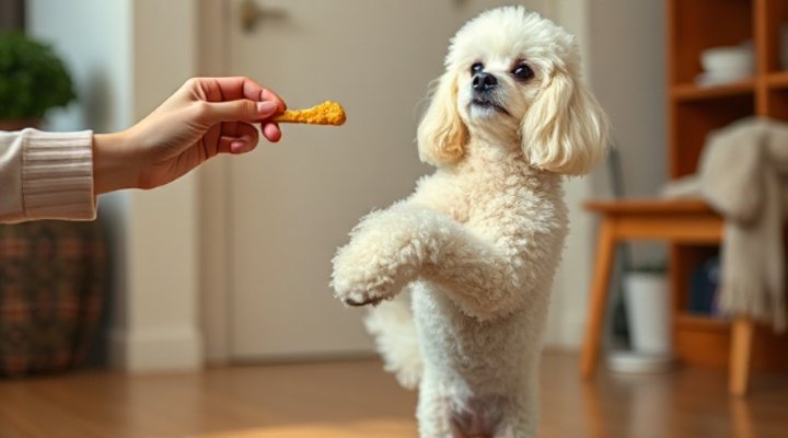 Small poodle standing on hind legs to receive treat