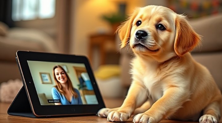 Golden retriever watching online training video on tablet