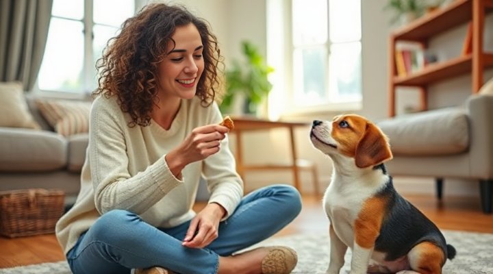 Owner rewarding small dog with treat during training session