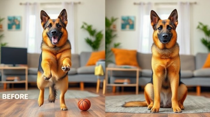 Side by side comparison of dog behavior before and after training