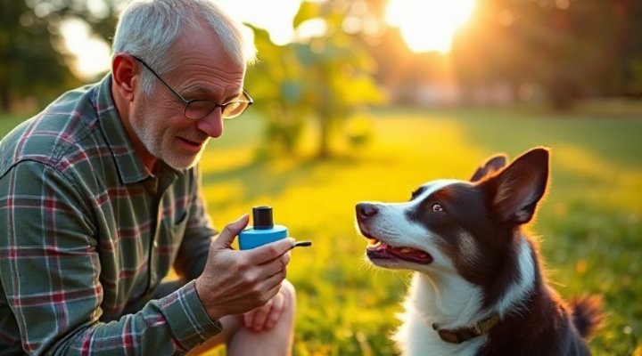 Man using clicker to train a border collie in the park