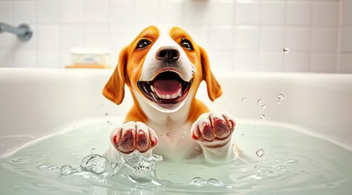 Dog happily playing in the bath during grooming