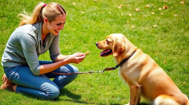 Smiling trainer working with happy golden retriever during training session