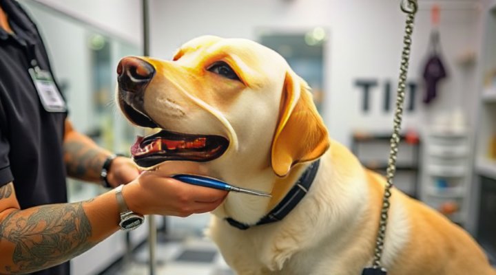Professional groomer working on a well-behaved dog