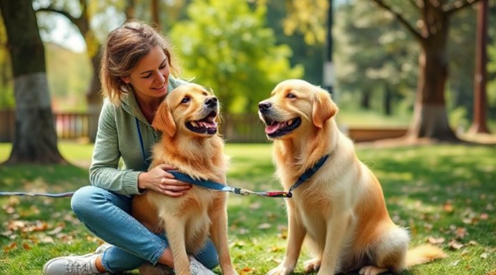 A happy golden retriever sitting next to a smiling trainer during a training session