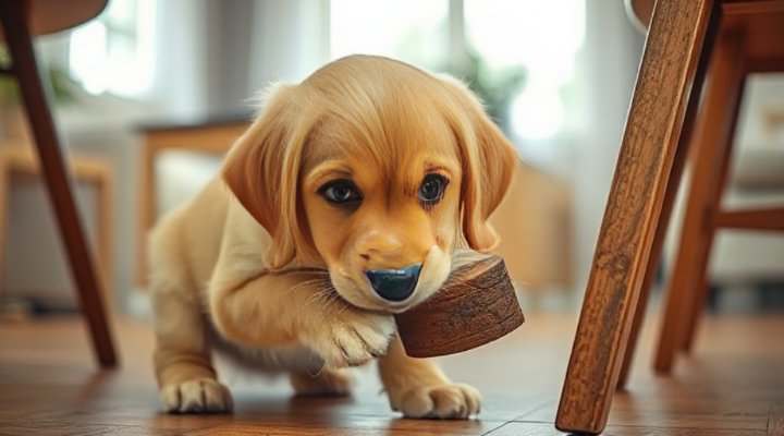 Golden retriever puppy chewing on furniture