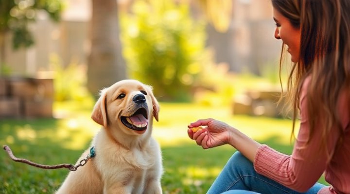 Golden retriever sitting and receiving treat from owner