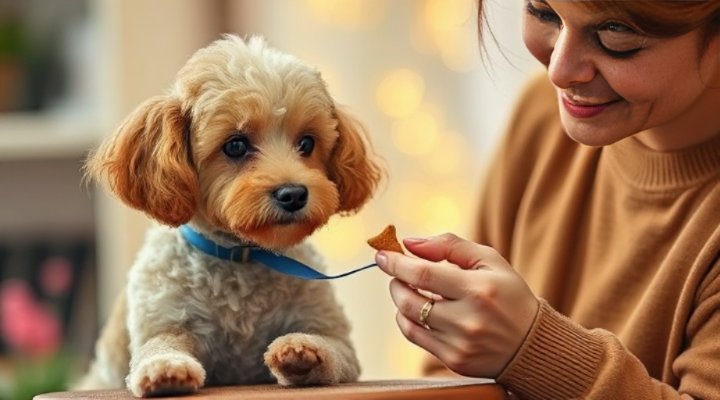 Owner giving treats to dog during grooming training
