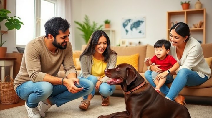 Family of four practicing positive reinforcement training with their labrador
