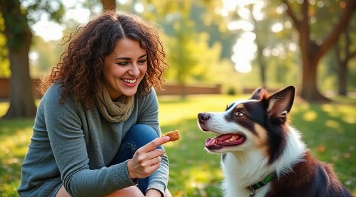 Woman rewarding her dog with treats during training
