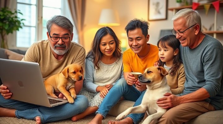 Family watching dog training video on laptop with their puppy