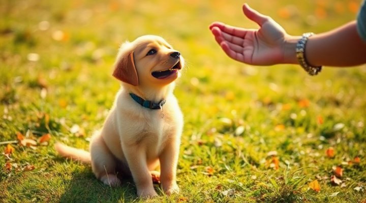 A golden retriever puppy sitting obediently while its owner gives a command