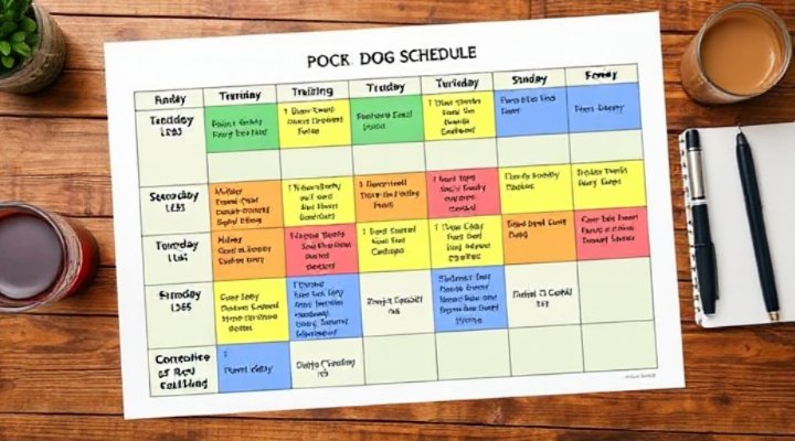 Colorful weekly dog training schedule chart with different activities marked