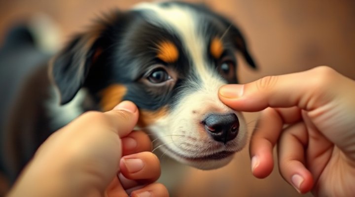 Close-up of hand giving treat to excited puppy during training