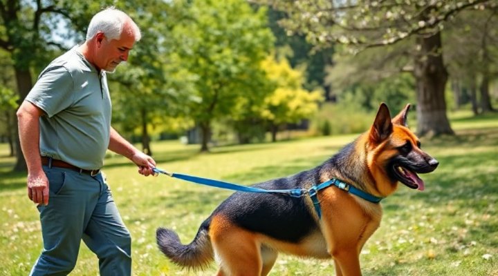 Man walking large dog on leash in park during training