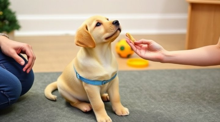 A cute labrador puppy learning basic commands during a training session