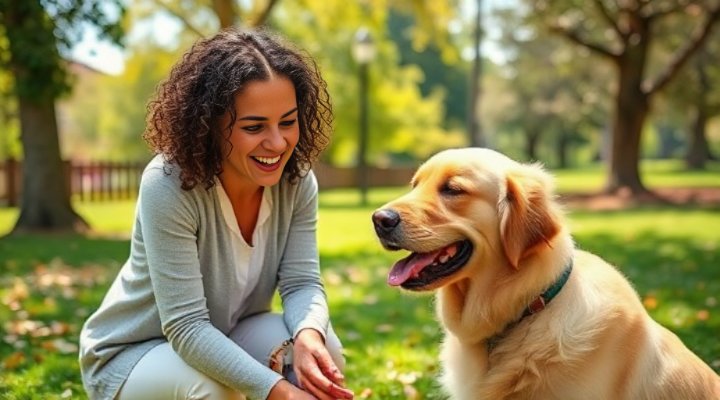 Owner practicing commands with well-trained golden retriever in park setting