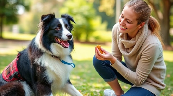 Owner rewarding dog for good behavior
