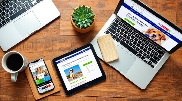 Multiple devices showing various online dog training platforms