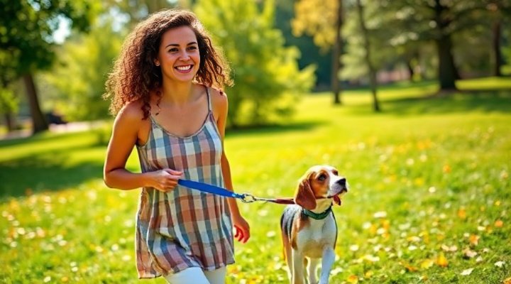 Woman gently walking her beagle puppy on leash in the park