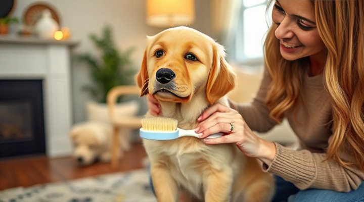Puppy grooming with a soft brush