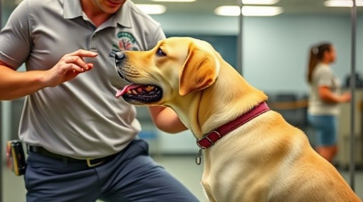 Certified dog trainer showing proper command posture with Labrador