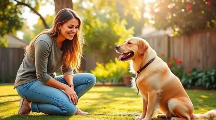 Owner teaching sit command to golden retriever in backyard