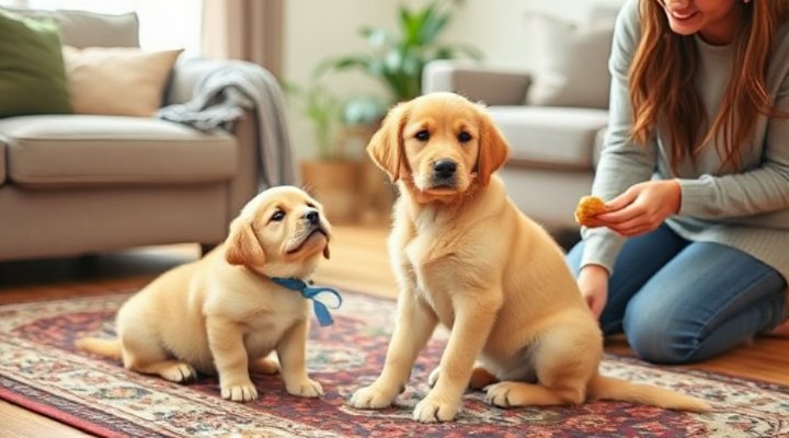 Cute golden retriever puppy sitting and responding to training commands