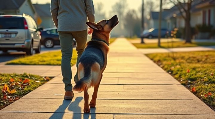 Well-trained German shepherd walking in perfect heel position