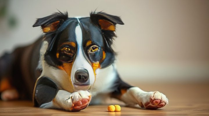 Border collie maintaining stay position with treats on paws