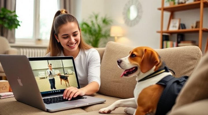 A person watching an online dog training video with their dog