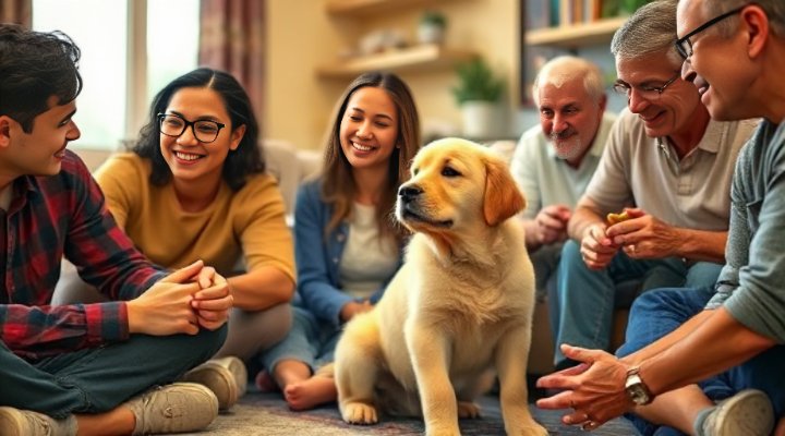 Multi-generational family teaching commands to excited puppy