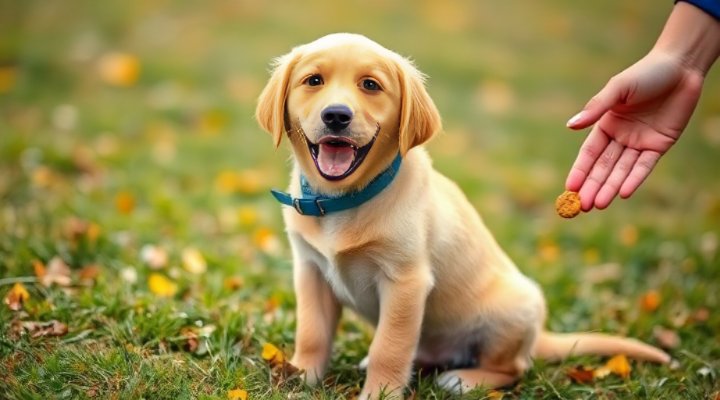 A cute golden retriever puppy sitting and learning basic commands