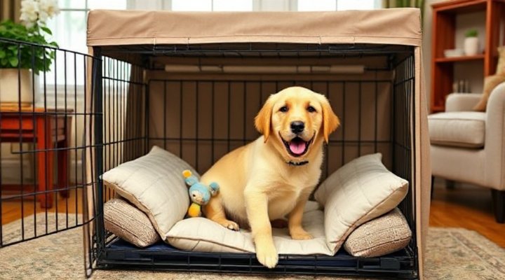 Golden retriever in a comfortable pet crate