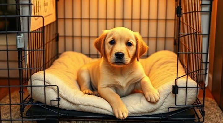 Golden retriever happily resting in a comfortable crate