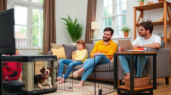 Family watching TV with dog in crate nearby