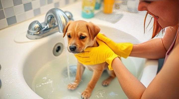Small puppy enjoying bath time in a sink