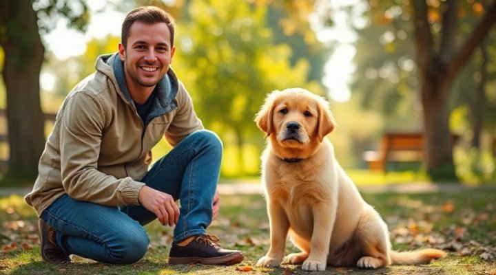 A joyful dog receiving training from a friendly trainer