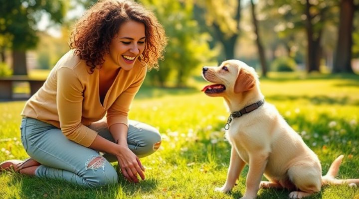 Woman teaching golden retriever the sit command in sunny park