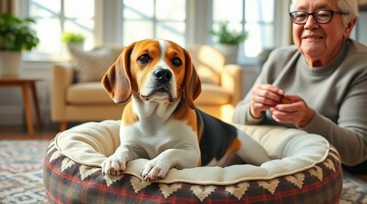 Older beagle successfully responding to voice commands