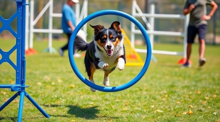 Border collie jumping through hoop during advanced obedience training