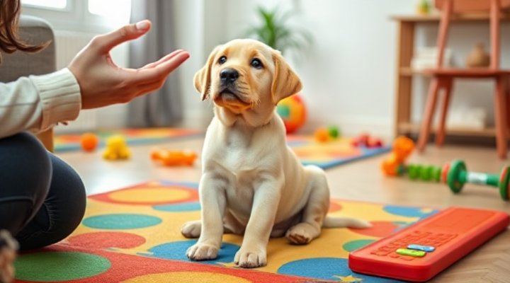 A Labrador puppy staying patiently on a mat during training