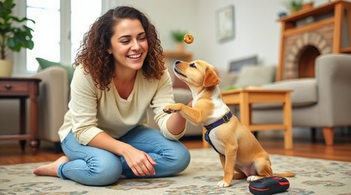 A young woman smiling while teaching her puppy to sit in a cozy living room