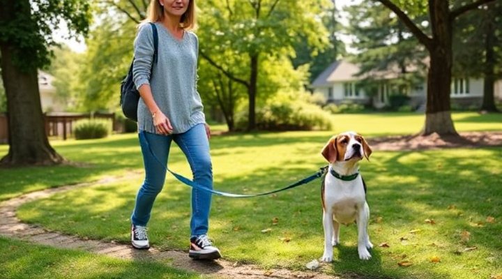 Owner practicing affordable DIY training with her dog in a local park