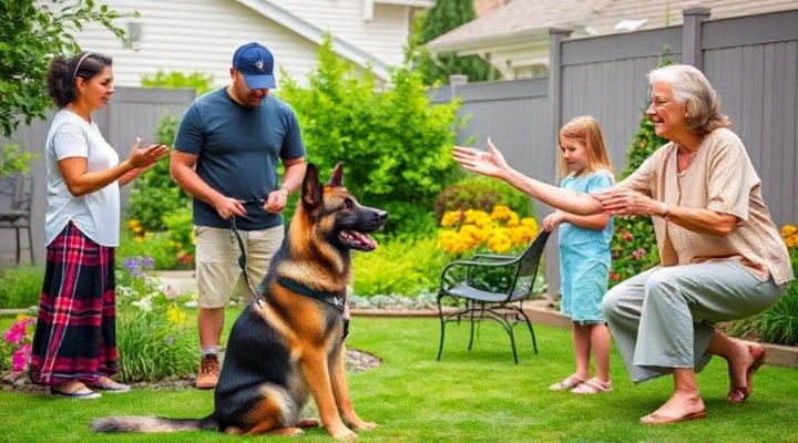 Multi-generational family teaching German shepherd multiple commands