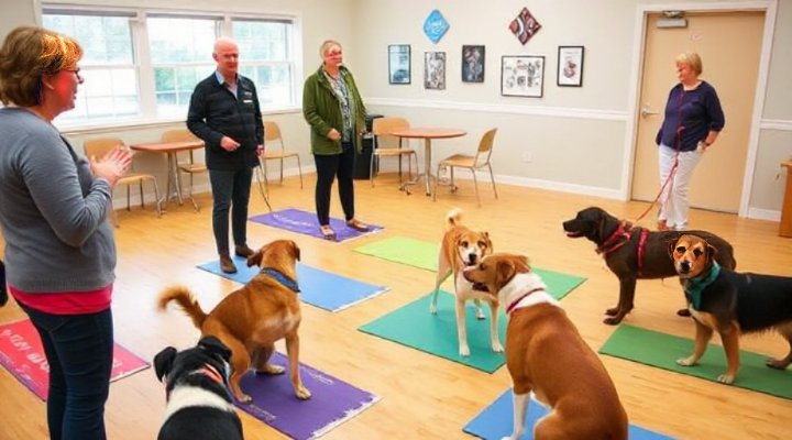 Budget-friendly group dog training session with multiple dogs and owners
