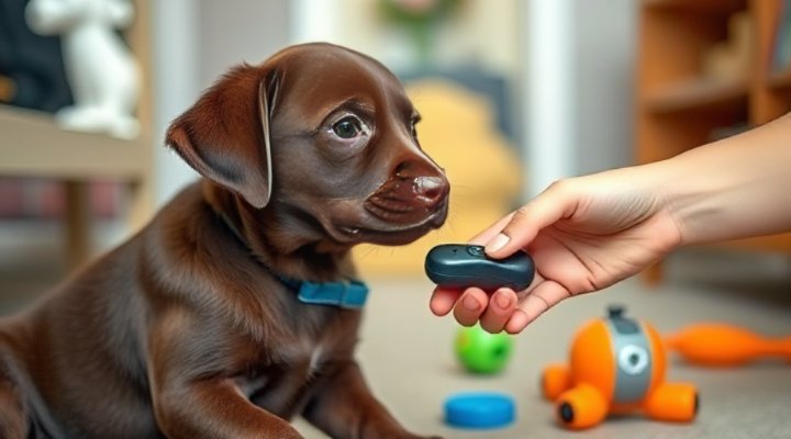 Labrador puppy responding to clicker training during a session