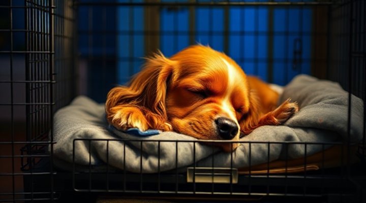 Cocker spaniel sleeping comfortably in crate with night light